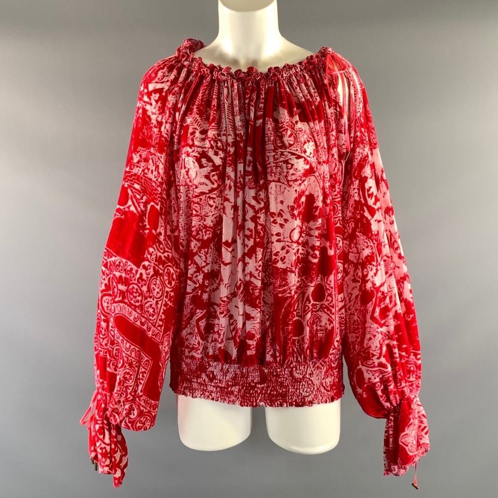 JUST CAVALLI Size L Pink Hot Pink Viscose & Silk Abstract See Through Blouse